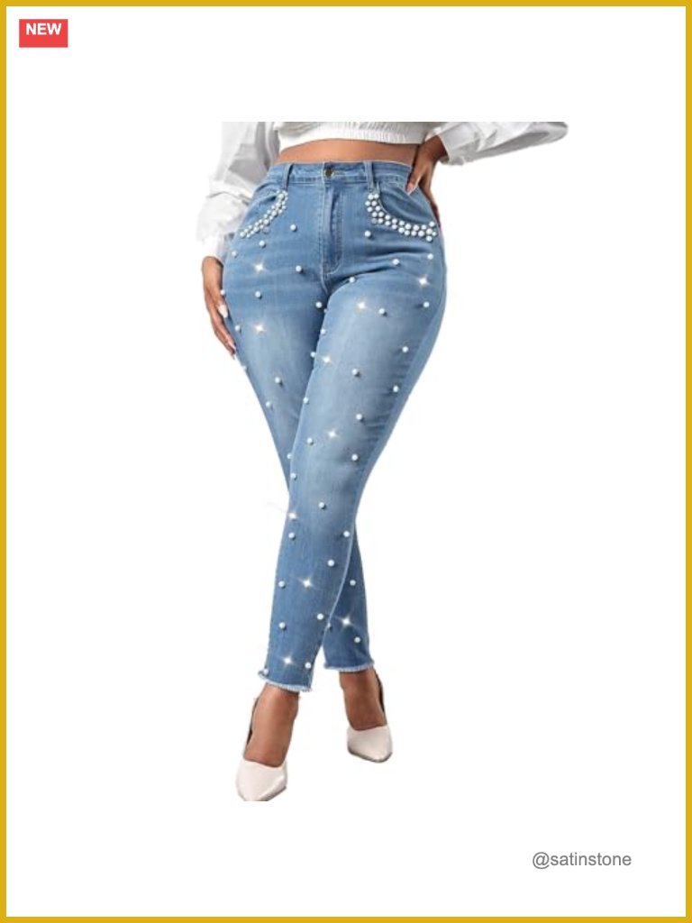 Stretch Skinny Jeans Pearl Beaded Fringe Tassels Frayed Butt Lifting Slim Fit